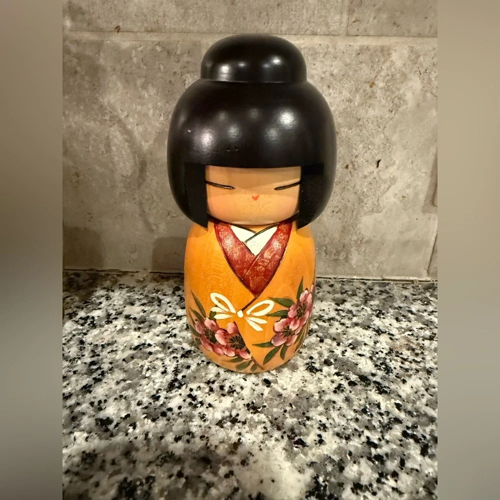 Japanese Kokeshi Doll Figurine in Orange and Black made in Japan